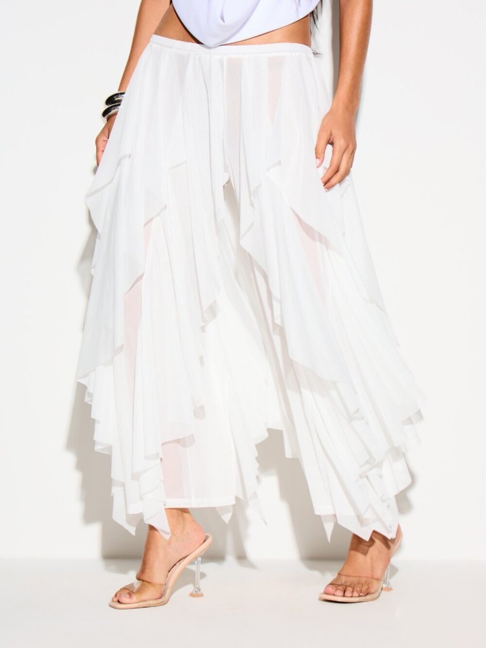White Elegant Women's Chiffon Layers and Asymmetric Hem Trousers